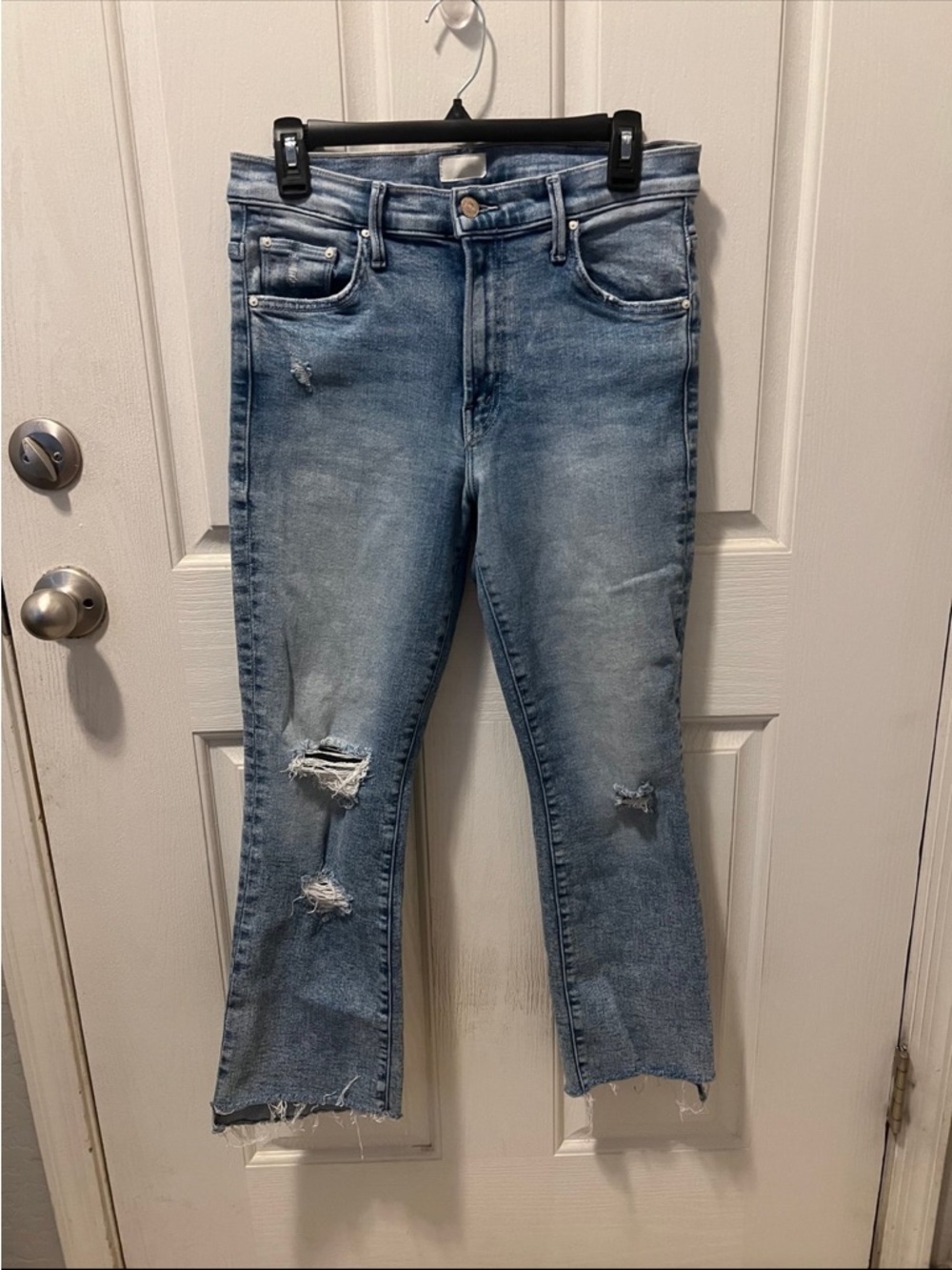 MOTHER Cropped Distressed Light Blue Jeans